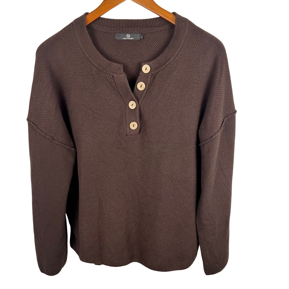 Brown Waffle Knit Henley Sweater Large Earthy Lagenlook Nature Wood Buttons Boho